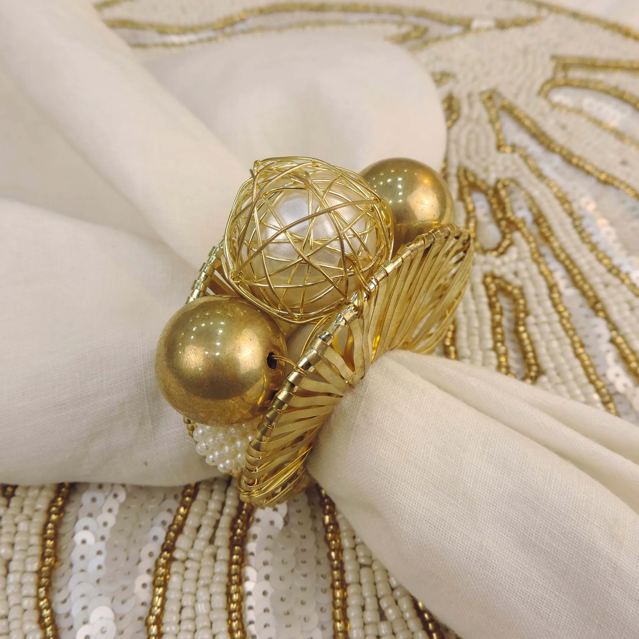 Pearl Bead Napkin Ring in Gold & Cream, Set of 4