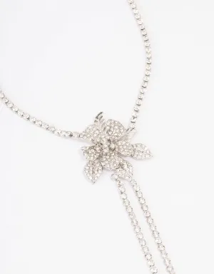 Rhodium Cup Chain Diamante Flower Necklace