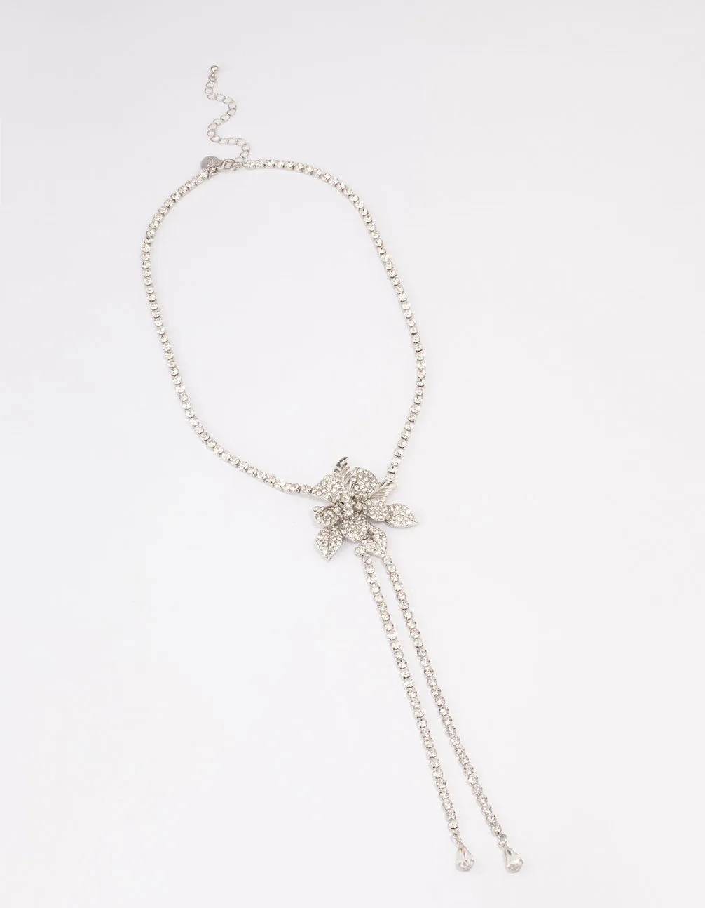 Rhodium Cup Chain Diamante Flower Necklace