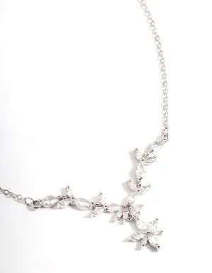 Rhodium Diamond Simulant Dainty Floral Necklace