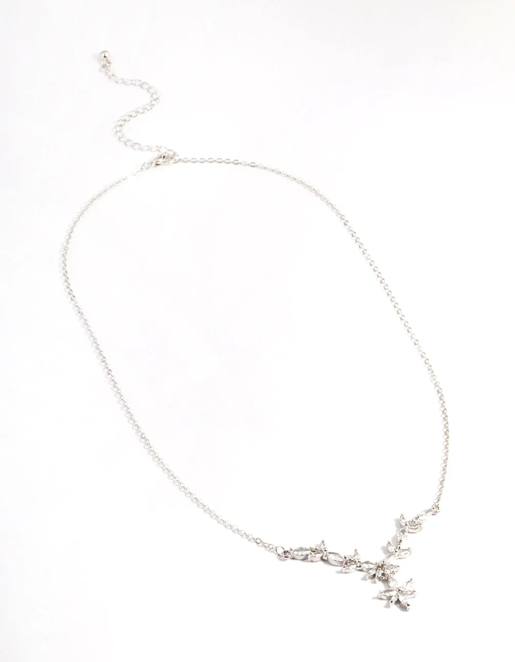 Rhodium Diamond Simulant Dainty Floral Necklace