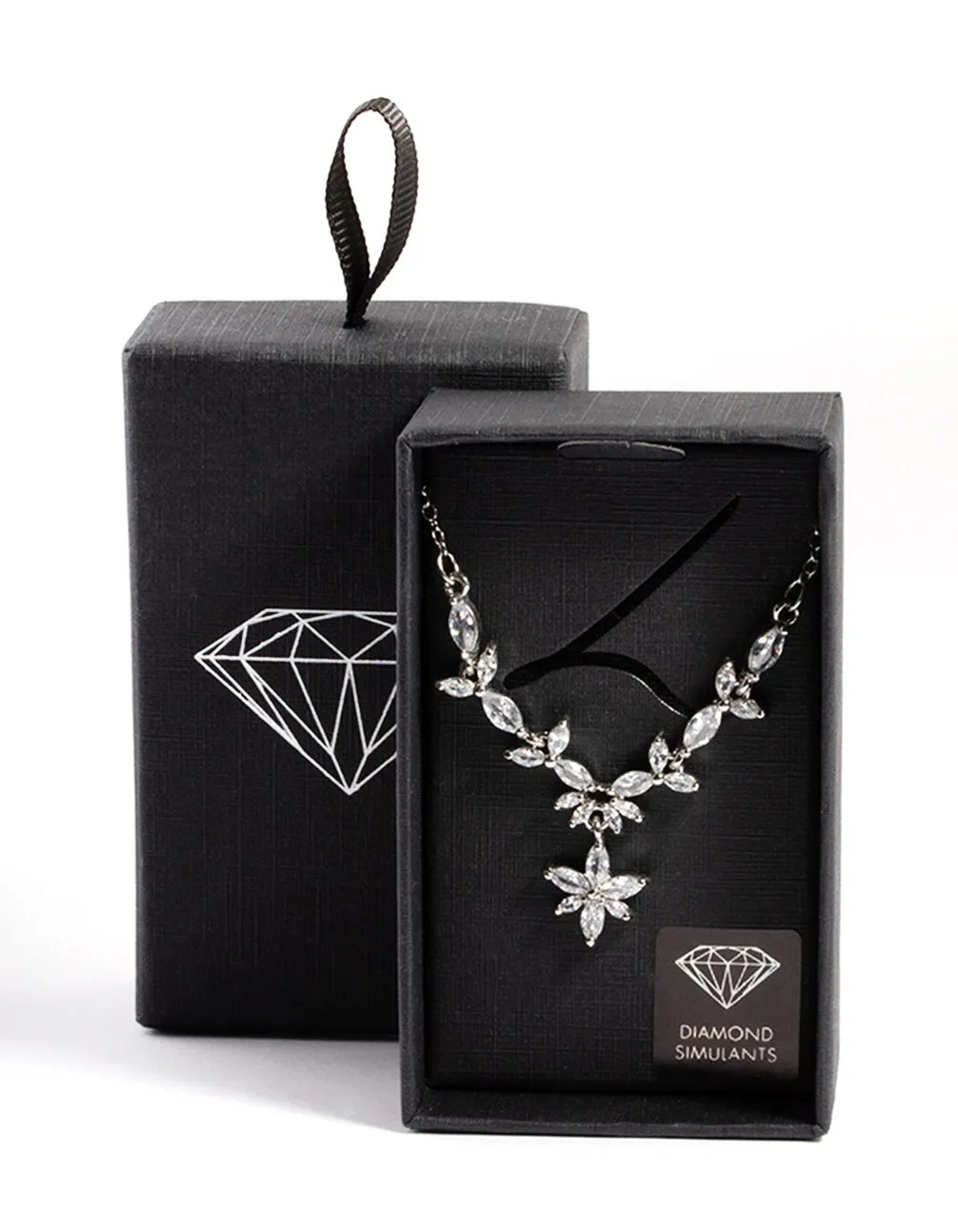 Rhodium Diamond Simulant Dainty Floral Necklace