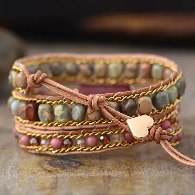 Rhodonite Heart Wrap Bracelet – Handcrafted Bohemian Style with Adjustable Clasp, Natural Stones & Red Wood Grain Beads