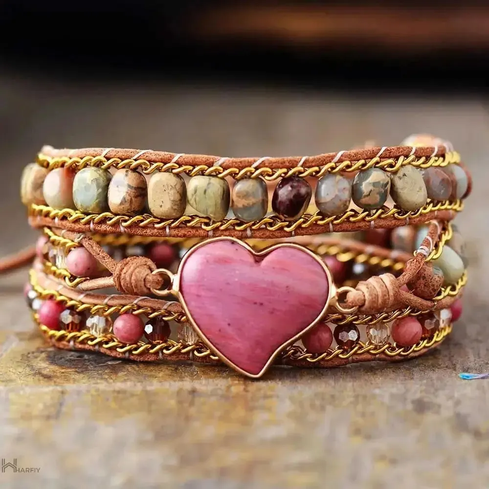 Rhodonite Heart Wrap Bracelet – Handcrafted Bohemian Style with Adjustable Clasp, Natural Stones & Red Wood Grain Beads