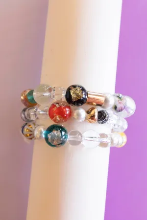 Sandee Glass Beeaded Bracelet Set | Clear and Multicolor Round Glass Beads | Gold Leaf Details | Eclectic Spring and Summer Layering Bracelets