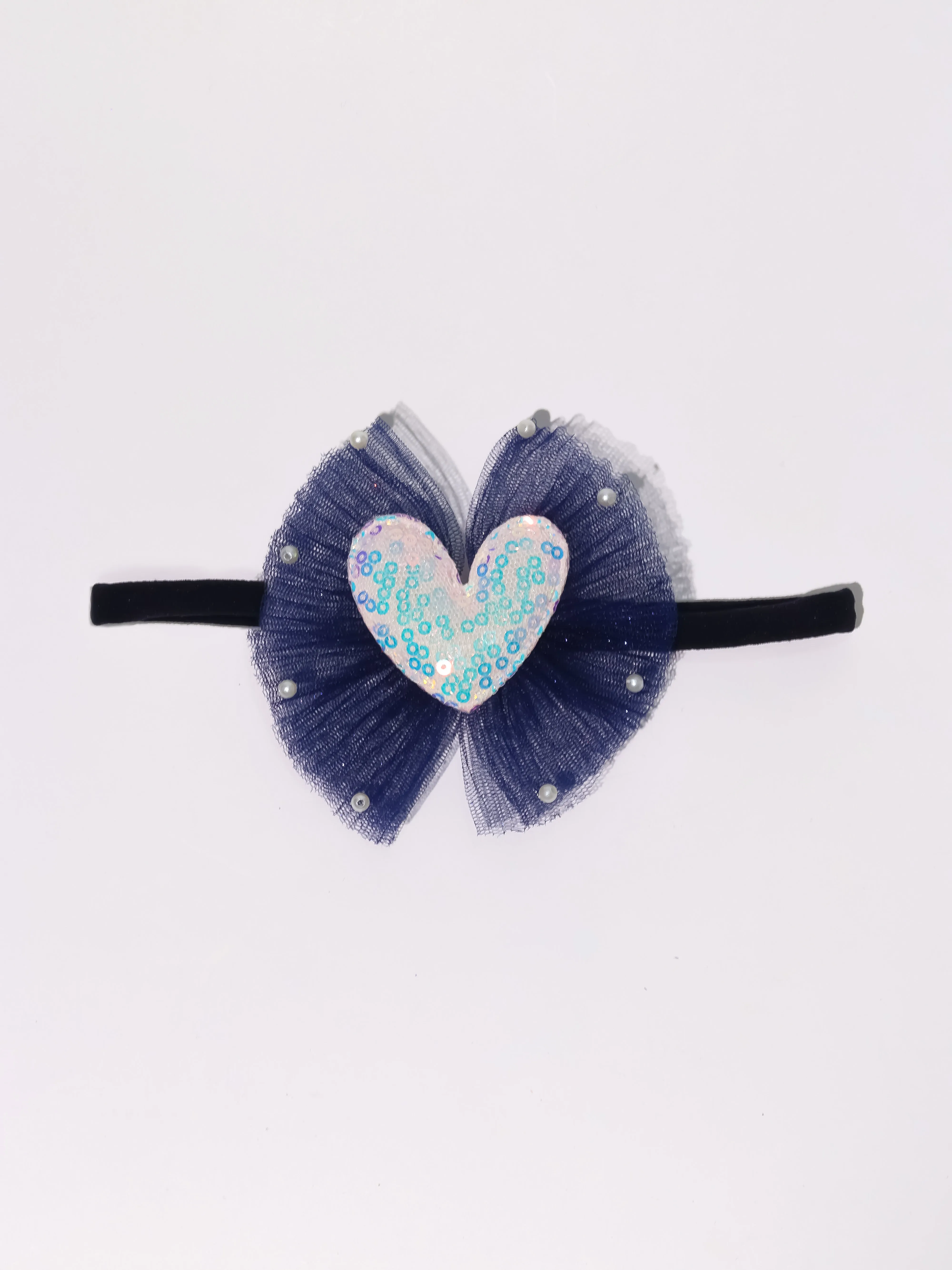 Sequined Heart Tulle Bow Headband- Dark Blue