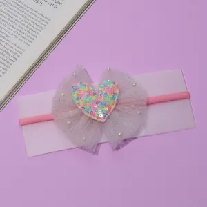 Sequined Heart Tulle Bow Headband- Multi Colored