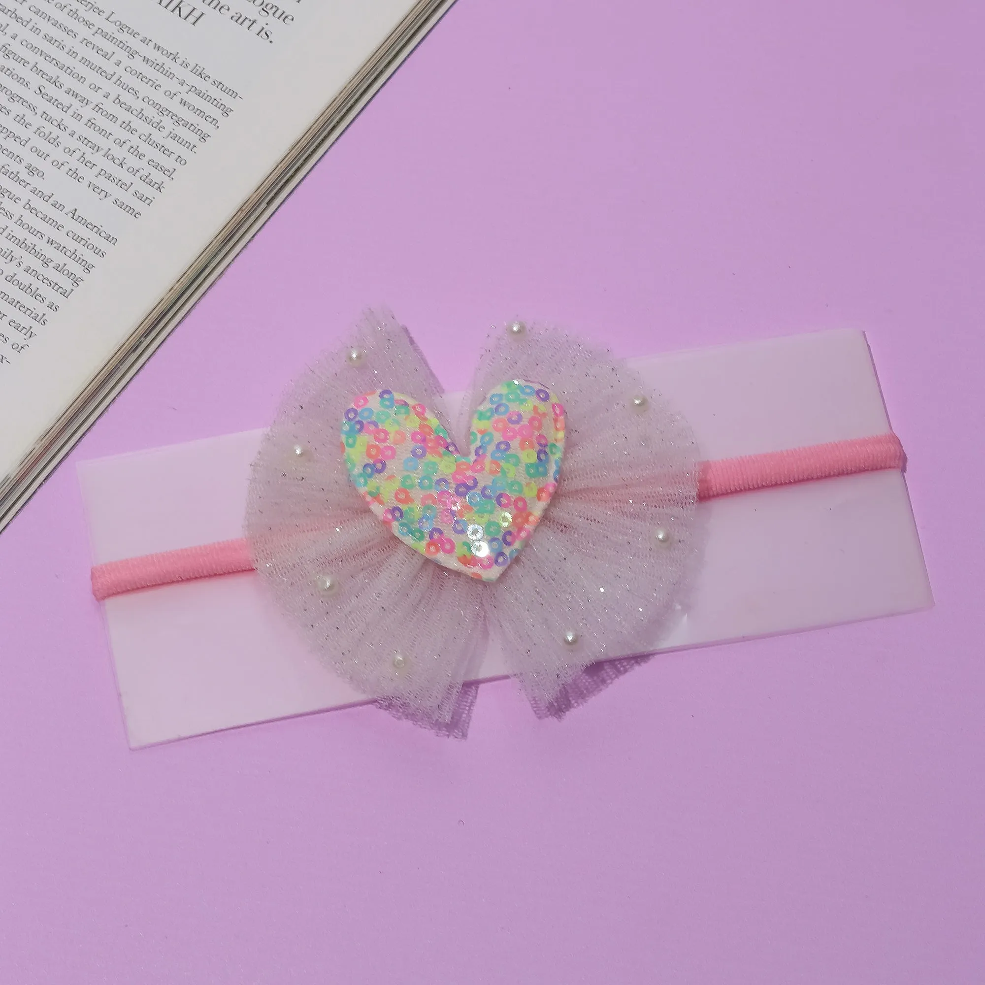 Sequined Heart Tulle Bow Headband- Multi Colored