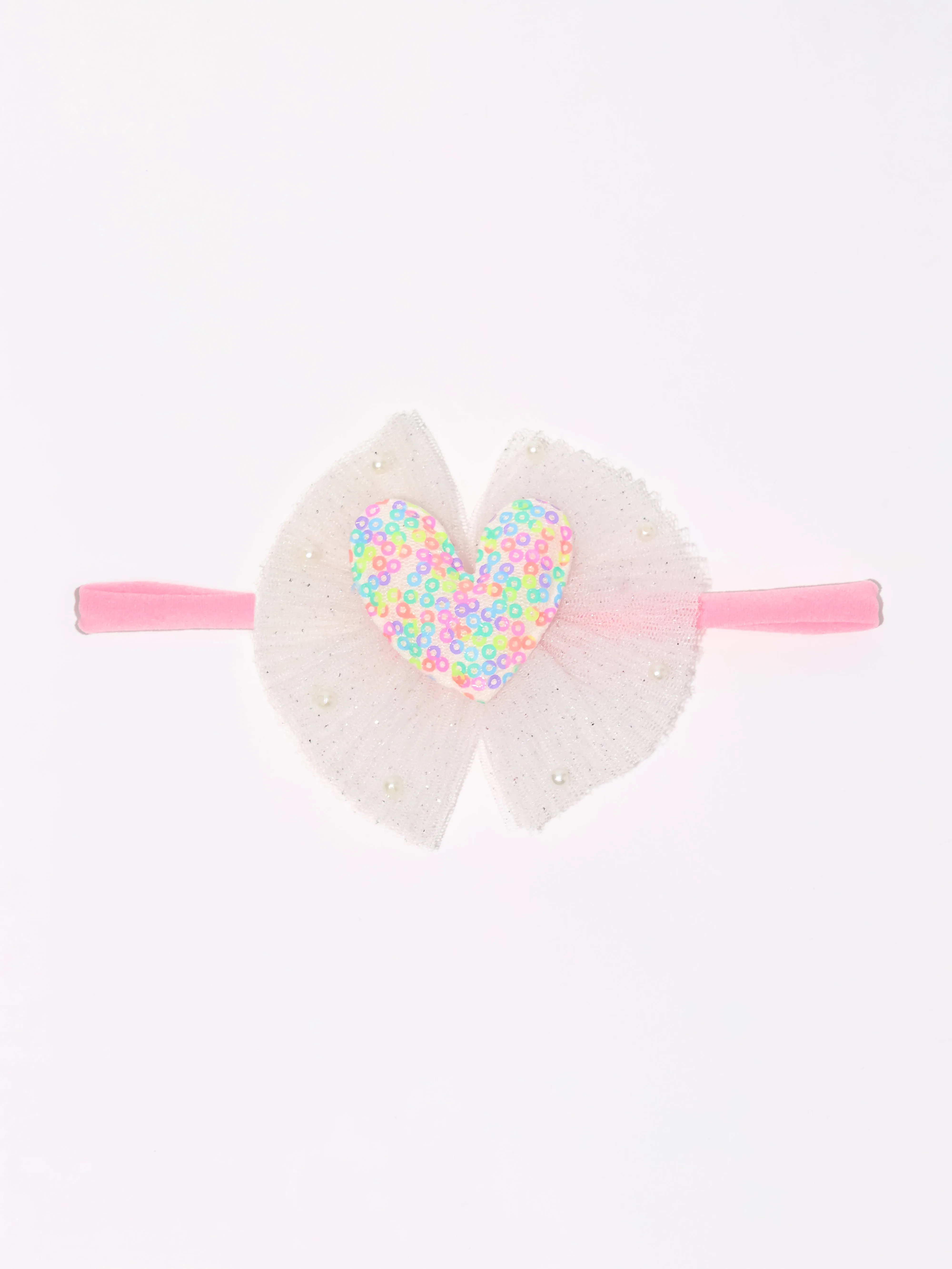 Sequined Heart Tulle Bow Headband- Multi Colored