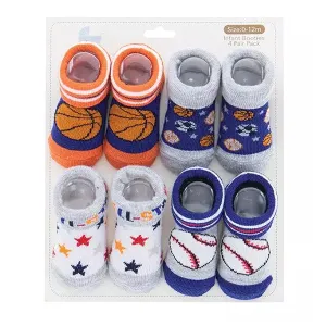 Sports Themed Infant Booties, 4 Pairs Pack Socks, 0-12 Months