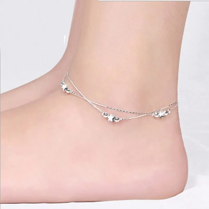 Sterling Two Layers Silver Star Anklet