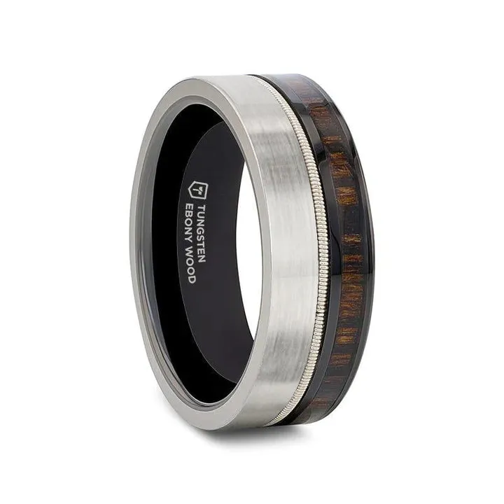 Thorsten SLATE Tungsten & Black Ceramic Hybrid Ring with Steel Guitar String Ebony Wood and a Black Ceramic Interior - 8mm