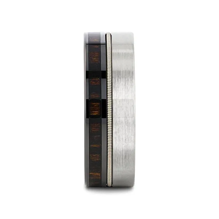 Thorsten SLATE Tungsten & Black Ceramic Hybrid Ring with Steel Guitar String Ebony Wood and a Black Ceramic Interior - 8mm