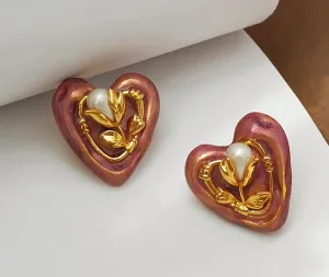 VAIGE Chic Enamel Heart Stud Earrings in Red and Gold