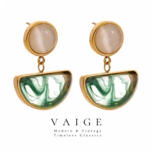 VAIGE Elegant Green Marble & Gold Silver Dangle Earrings