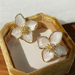 Vintage Hibiscus Dropped Glaze Flower Stud Earrings